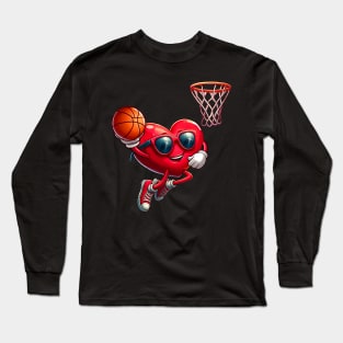 Heart Dunking Basketball Valentines Day Shirts For Boys Kids Long Sleeve T-Shirt